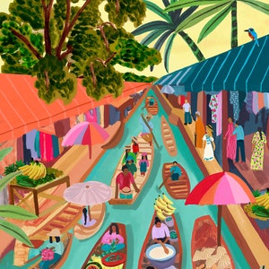 Floating Markets Thailand/Illustration/Travel illustration/Art print/A5, A4, A3, A2/Wall Art/Birthday present/Housewarming gift/Anniversary