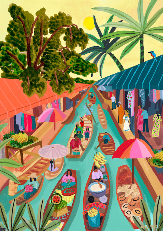 タイの水上マーケット/イラスト/旅行イラスト/アートプリント/A5、A4