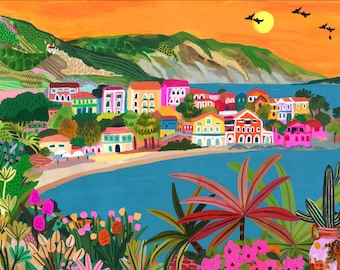 Assos Griechenland / Kefalonia Illustration / Kunstdruck / A5, A4, A3, A2 / Wand Kunst / Geburtstagsgeschenk / Einweihungsgeschenk/Jubiläum