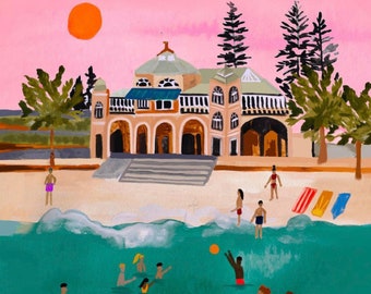 Sunset Swimmers Full Page/Cottesloe Beach/Perth/Australia/Wall Art/Travel illustration/Birthday present/Housewarming gift/Anniversary