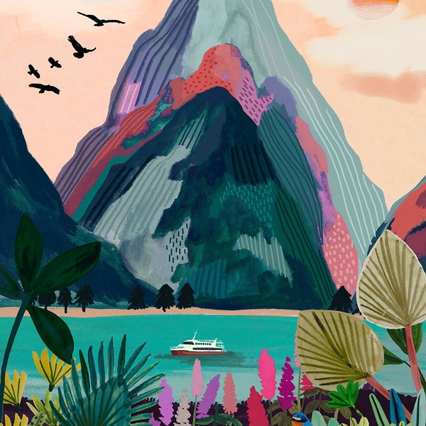 Milford Sound/NZ Wall Art/Travel illustration/Art print/A5, A4, A3, A2/Mountain print/Birthday present/Housewarming gift/Anniversary