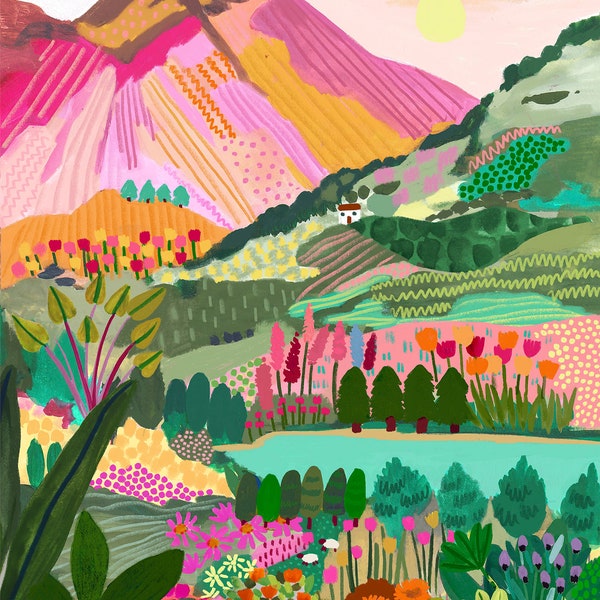 Rainbow Mountain / Reiseillustration / Kunstdruck / A5, A4, A3, A2 / Wandkunst / Geburtstag / Einweihungsgeschenk / Jahrestag
