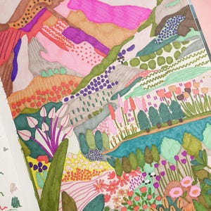 May include: A colorful watercolor illustration of a landscape with mountains, a river, and flowers. The artwork features a warm color palette with pink, orange, and green hues. A sun is in the sky.