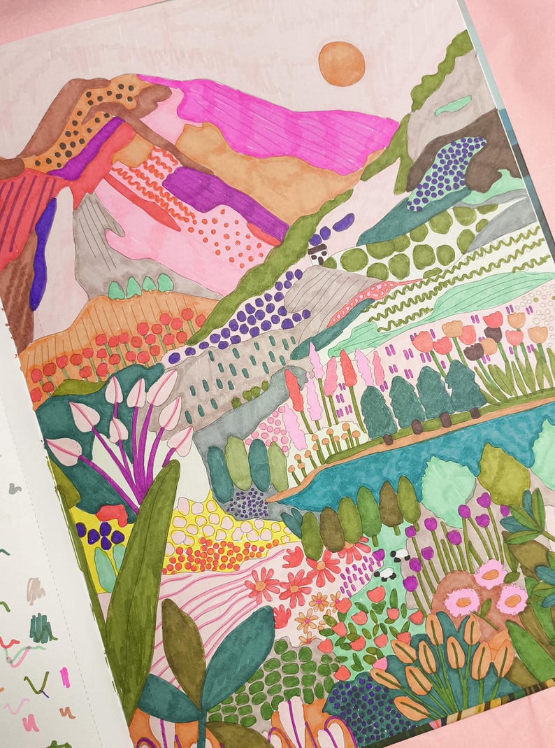 May include: A colorful watercolor illustration of a landscape with mountains, a river, and flowers. The artwork features a warm color palette with pink, orange, and green hues. A sun is in the sky.