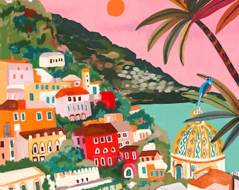Amalfi Sunset / Italy art / Positano illustration / Art print / A5, A4, A3, A2 / Wall Art / Birthday present / Housewarming gift/Anniversary