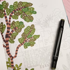 May include: A partially colored illustration of a tree with green leaves and a brown trunk with dark stripes. A black marker with a green tip lies on the page. The illustration is in a coloring book with other partially drawn images.