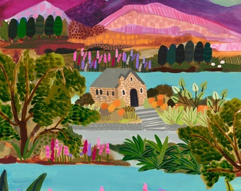 Lake Tekapo/NZ Wall Art/Travel illustration/Art print/A5, A4, A3, A2/Mountain print/Birthday present/Housewarming gift/Anniversary