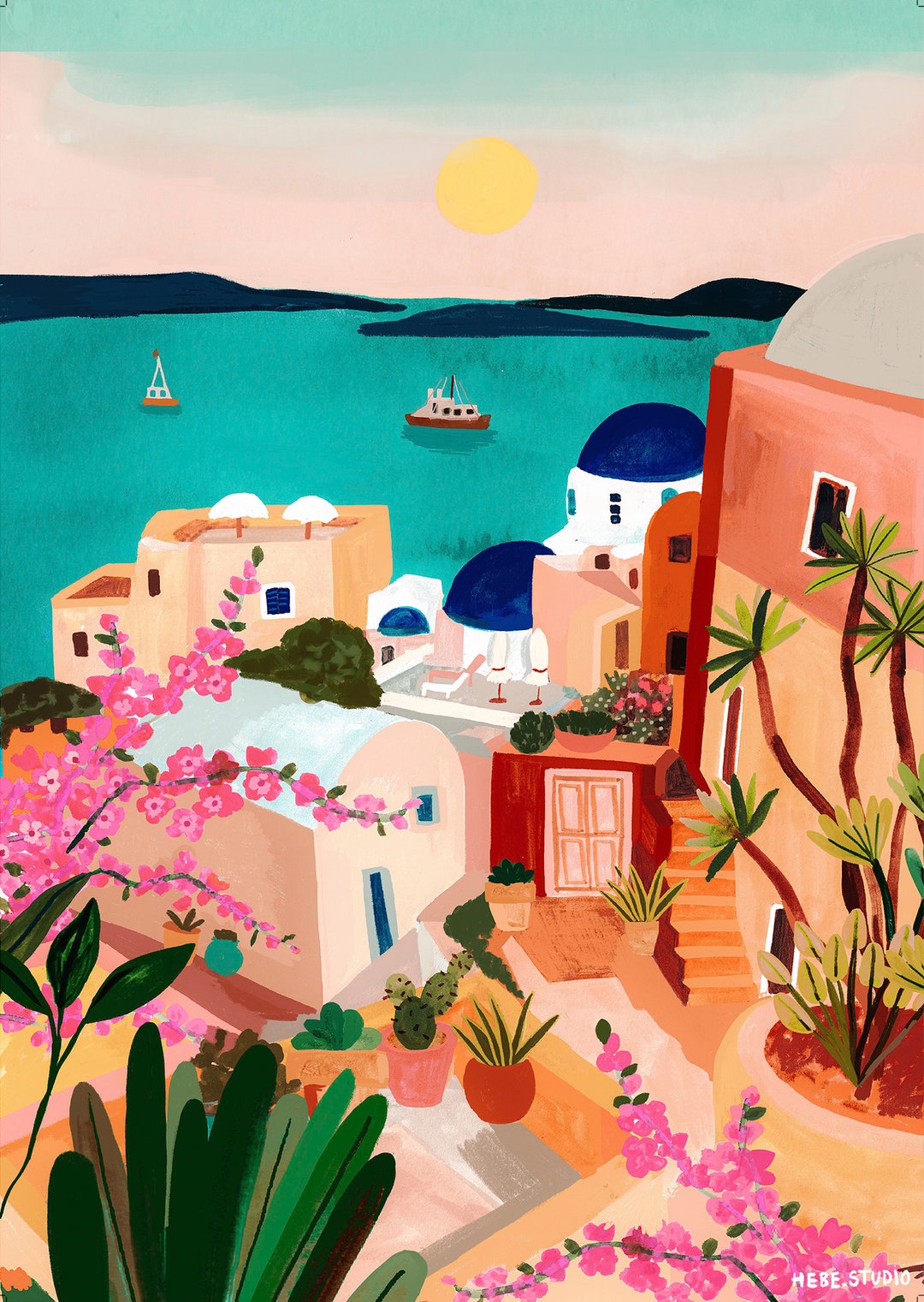 サントリーニ島の日の出/ギリシャの壁アート/旅行イラスト