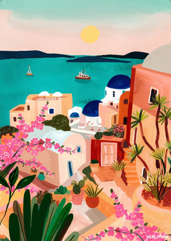 壁掛けストーン　サントリーニ　サントリーニ島 サントリーニ島の日の出/ギリシャの壁アート/旅行イラスト