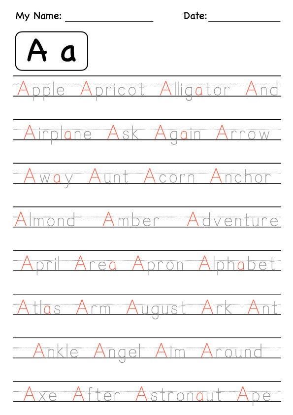 ABC Alphabet Words Printable Tracing Worksheet - Etsy