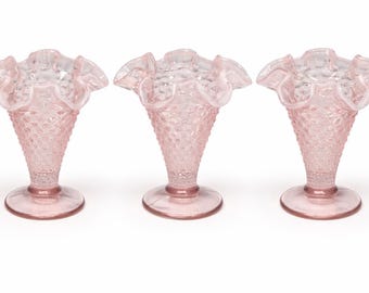 Set of 3 Vintage Fenton Pink Hobnail Vases | Ruffled Edge Bud Vases