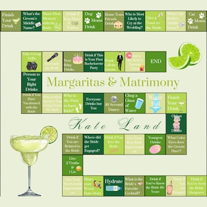 Pode incluir: Um jogo de tabuleiro verde claro intitulado "Margaritas & Matrimony" com ilustrações de fatias de limão. O jogo inclui espaços com instruções como "Beba se tiver uma tatuagem". Projetado por "Kate Land".