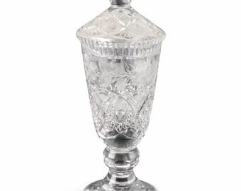 Vintage Cut Crystal Pedestal Candy Dish with Lid | American Brilliant Style Vase