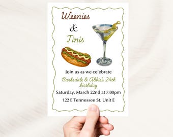 Weenies and Tinis Party Invitation, Martini Birthday, Hot Dog, Digital Template