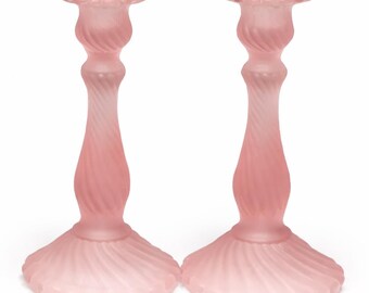Vintage Pink Satin Glass Candlesticks Pair | Frosted Spiral Column Decor