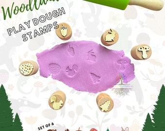 Wooden woodland kid Stampers, Set of 6 Playdough Stamps, Sustainably Sourced Wood Montessori Toy, Sensory Bin Educational ,Homeschool