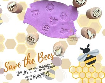 Wooden save the bees kid Stampers, Set of 6 Playdough Stamps, Sustainably Sourced Wood Montessori Toy, Sensory Bin Educational ,Homeschool