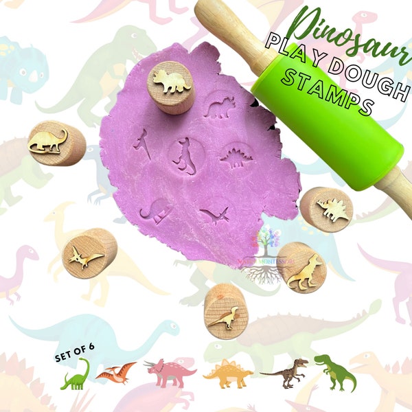 Wooden Dinosaurs Stampers, Set of 6 Playdough Stamps, Sustainably Sourced Wood, Montessori Toy, Sensory Bin Educational ,Homeschool Wood toy