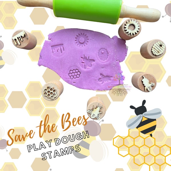Wooden save the bees kid Stampers, Set of 6 Playdough Stamps, Sustainably Sourced Wood Montessori Toy, Sensory Bin Educational ,Homeschool