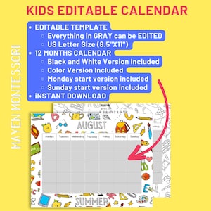 EDITABLE PRINTABLE kids Calendars, Monday and Sunday Starts, Monthly Calendar for Kids, Printable Kids School, Classroom Homeschool Calendar