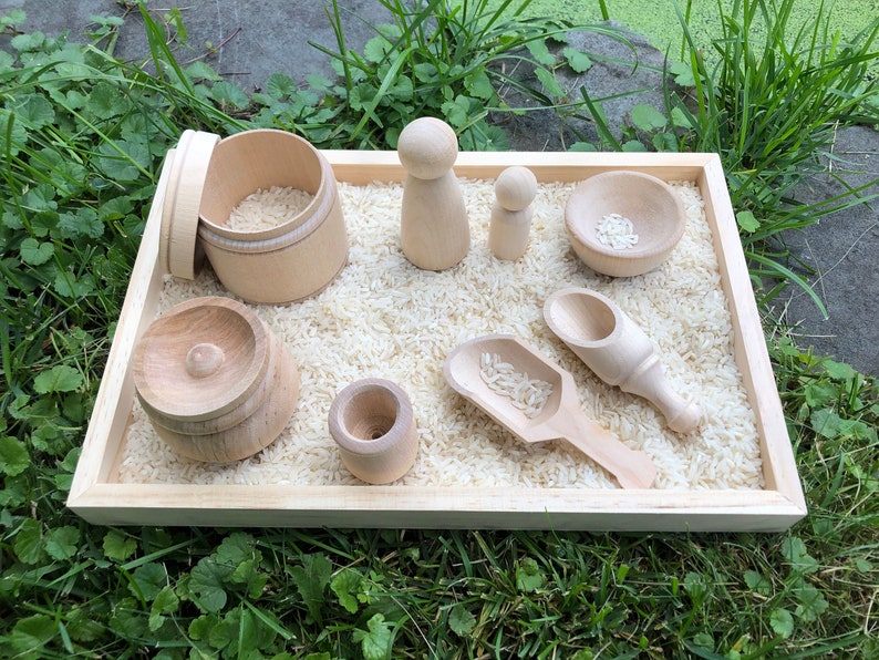 Montessori Toys, Sensory Bin Educational Tools Kit, Homeschool Wood toys, Wooden Scoops Tray, Toddler Sensory Kit Montessori Toy image 2