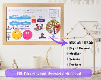 Tweetalige kinderkalender | Kinderdagen van de week | Dagelijkse routine voor kinderen | Homeschoolkalender | Afdrukbaar | Leer Spaans