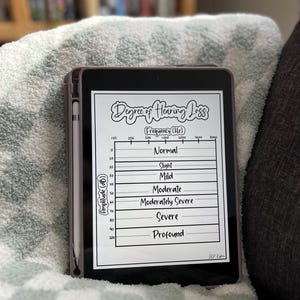 以下が含まれることがあります： タブレットの画面に表示されている白黒の図は、聴覚の損失の程度を示しています。図は、水平軸にヘルツ（Hz）で表される音の周波数、垂直軸にデシベル（dB）で表される音の振幅を示しています。図は、正常、軽度、中等度、中等度重度、重度、重度、極度の聴覚の損失の程度を表す6つのセクションに分けられています。