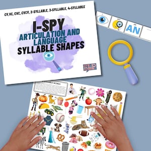 Op de afbeelding: Een kleurrijk educatief spel met de tekst "I-SPY ARTICULATION AND LANGUAGE SYLLABLE SHAPES". Het spel bevat een vergrootglas, kaarten met de woorden "SPY" en "AN" en een blad met diverse afbeeldingen. Het spel is ontworpen voor taalonderwijs.