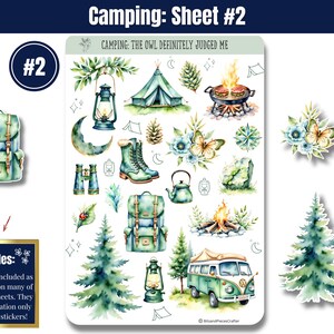 Cozy up to the wild with these whimsical sticker sheets in calming greens and blues. Featuring tents, forest animals, campfires, lanterns, backpacks, and more, these charming stickers bring all the magic of the outdoors to your planner or journal. Includes a page of printed washi-style strips for fun borders and accents—perfect for Hobonichi, Happy Planner & more.