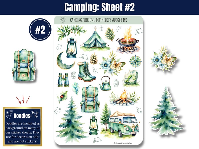 Cozy up to the wild with these whimsical sticker sheets in calming greens and blues. Featuring tents, forest animals, campfires, lanterns, backpacks, and more, these charming stickers bring all the magic of the outdoors to your planner or journal. Includes a page of printed washi-style strips for fun borders and accents—perfect for Hobonichi, Happy Planner & more.