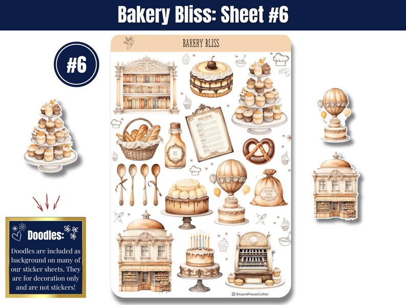 Step into the warm, buttery aroma of your favorite neighborhood bakery with “Bakery Bliss” — Sticker Sheets filled with pastries, kitchen tools, and all the sweet details that make baking so magical. Designed in soft tans, creamy whites, and gentle browns, this set brings the charm of a cozy bakery straight to your planner, journal, or craft project.