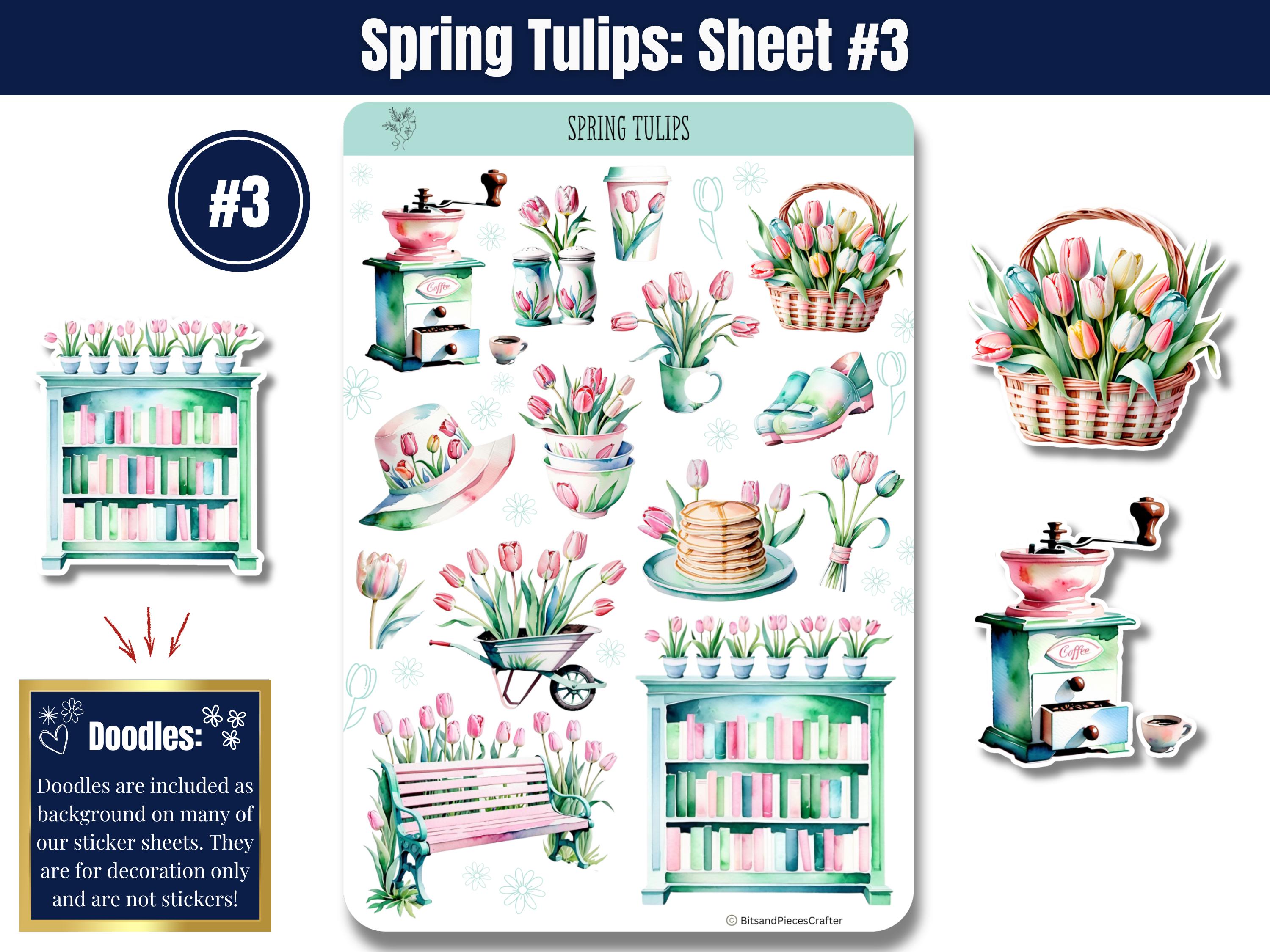 Tulip Spring Sticker Sheet Set, Teal Pink Watercolor Journal Stickers ...