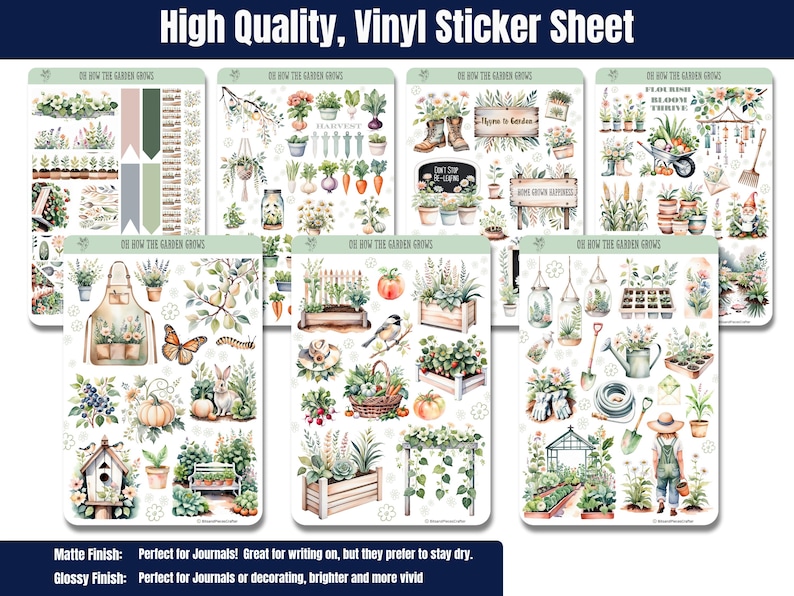 Bring your love of gardening to life with these gardening stickers in soft greens and neutrals! Featuring vegetable gardens, tools, flowers, sprouts, seed trays, trellises, wind chimes, a gnome, and more, plus an embellishment page. Perfect for planners, journals, and scrapbooking. Printed on high-quality matte or glossy vinyl for vibrant, long-lasting colors. A must-have for any garden lover! 🌿✨