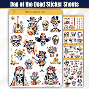 Op de afbeelding: Een verzameling stickervellen met het thema Dag van de Doden, voorzien van kleurrijke illustraties van suikerschedels, mariachi-muzikanten met gitaren, bloemstukken, kaarsen en cactussen. De tekst Mariachi After Midnight staat bovenaan elk vel.