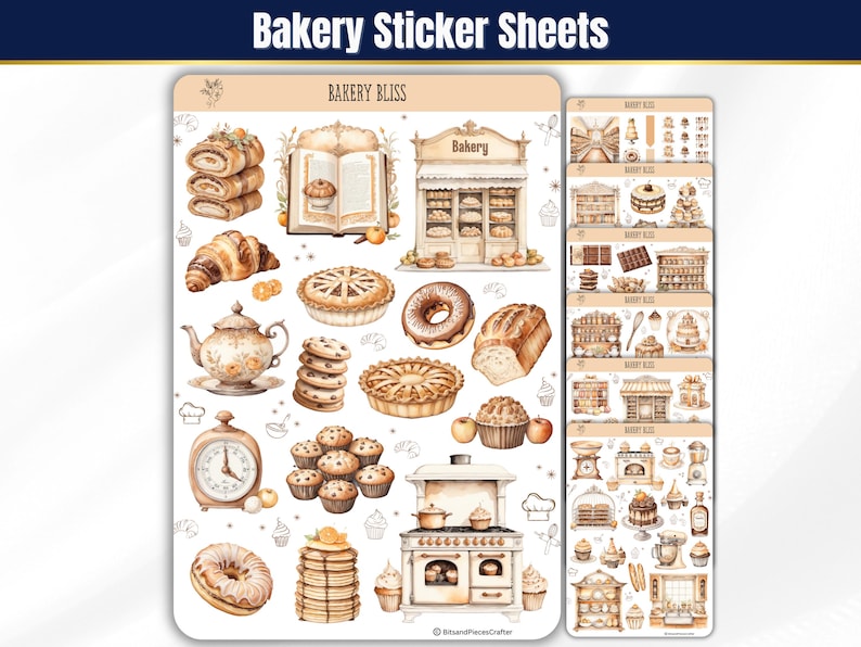 Step into the warm, buttery aroma of your favorite neighborhood bakery with “Bakery Bliss” — Sticker Sheets filled with pastries, kitchen tools, and all the sweet details that make baking so magical. Designed in soft tans, creamy whites, and gentle browns, this set brings the charm of a cozy bakery straight to your planner, journal, or craft project.