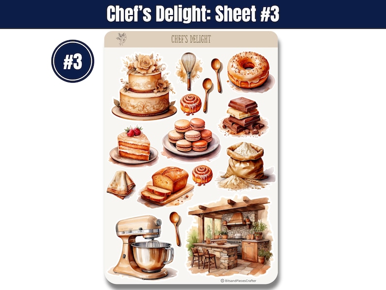 Cooking and Baking Planner Sticker Sheets, Watercolor Kitchen Journal Stickers, BuJo Scrapbook Stickers, Cottagecore Chef Aesthetic Stickers 画像 4