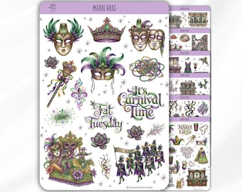 Mardi Gras Sticker Sheets – New Orleans Planner Stickers | Fat Tuesday Journal Stickers | Carnival Masquerade Aesthetic Sticker Sheet Set