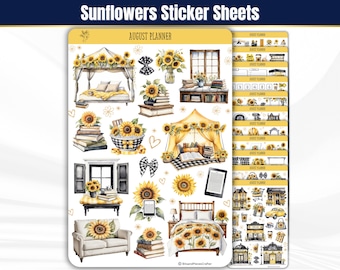 Sunflower Planner Stickers, Late Summer Planner Sticker Sheets, Sunflower Aesthetic Watercolor Stickers for Bullet Journal and Scrapbooks