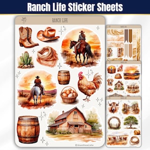🐂🏇 Capture the essence of ranch life with these sticker sheets! Featuring cattle, horses, barns, hay bales, chickens, and more in warm browns & creams. Perfect for planners, journals, & scrapbooking! 🌾🐔✨ #WesternStickers #RanchLife