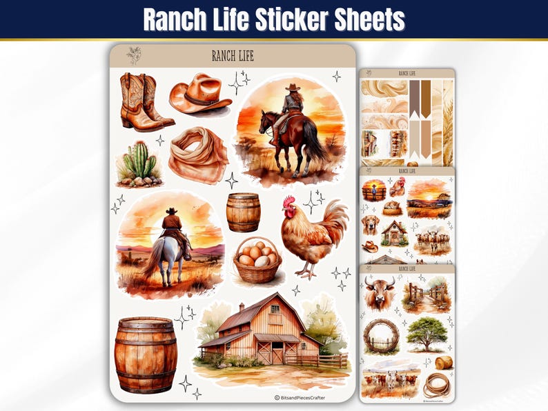 🐂🏇 Capture the essence of ranch life with these sticker sheets! Featuring cattle, horses, barns, hay bales, chickens, and more in warm browns & creams. Perfect for planners, journals, & scrapbooking! 🌾🐔✨ #WesternStickers #RanchLife