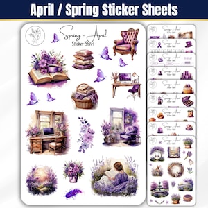 Spring Purple Sticker Sheet Set, Planner and Journal Stickers, BuJo Scrapbook Stickers, Floral Aesthetic Seasonal Planner Decorating Kit