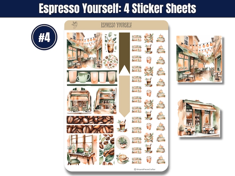 Indulge in the ultimate coffee experience with this beautifully designed Coffee Lover’s Sticker Pack! Whether you're a coffee enthusiast, planner addict, or journaling lover, this 4-sheet sticker set brings the warm and cozy vibes of your favorite café right to your creative space. Featuring coffee cups, café scenes, baked goods, and cozy coffee moments, these high-quality stickers are perfect for decorating planners, scrapbooks, bullet journals, and more!