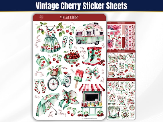 Vintage Style Cherry Sticker Sheets: Retro Cherry-Themed retro aesthetic Stickers for Journaling, Planners, Scrapbooking and crafts