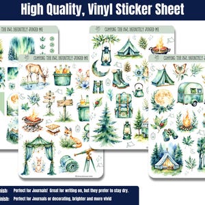 Cozy up to the wild with these whimsical sticker sheets in calming greens and blues. Featuring tents, forest animals, campfires, lanterns, backpacks, and more, these charming stickers bring all the magic of the outdoors to your planner or journal. Includes a page of printed washi-style strips for fun borders and accents—perfect for Hobonichi, Happy Planner & more.