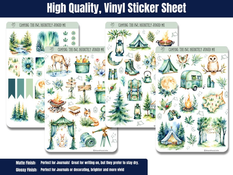 Cozy up to the wild with these whimsical sticker sheets in calming greens and blues. Featuring tents, forest animals, campfires, lanterns, backpacks, and more, these charming stickers bring all the magic of the outdoors to your planner or journal. Includes a page of printed washi-style strips for fun borders and accents—perfect for Hobonichi, Happy Planner & more.