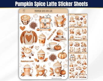 May include: Sticker sheets featuring a pumpkin spice latte theme. The stickers include images of coffee cups, pumpkins, fall leaves, and a sweater with a heart design. The text on the stickers includes "Pumpkin Spice for Life" and "Pumpkin Love".