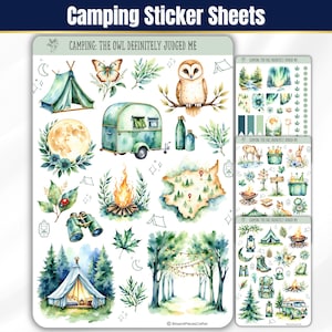 Cozy up to the wild with these whimsical sticker sheets in calming greens and blues. Featuring tents, forest animals, campfires, lanterns, backpacks, and more, these charming stickers bring all the magic of the outdoors to your planner or journal. Includes a page of printed washi-style strips for fun borders and accents—perfect for Hobonichi, Happy Planner & more.