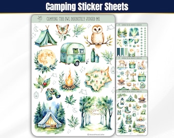 Camping Sticker Sheets, Summer Planner Stickers, Travel Stickers for Journals and Scrapbook Stickers, BUJO, Seasonal Watercolor Stickers