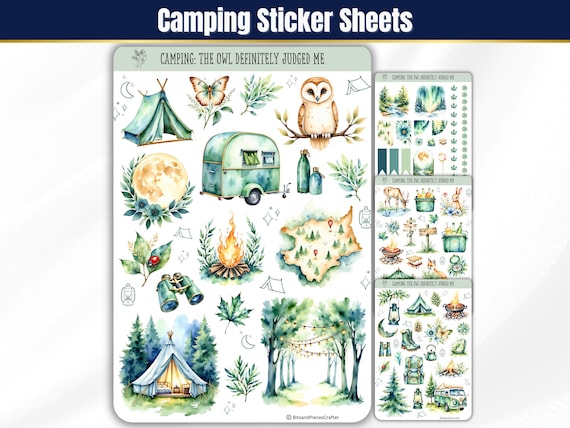 Camping Sticker Sheets, Summer Planner Stickers, Travel Stickers for Journals and Scrapbook Stickers, BUJO, Seasonal Watercolor Stickers