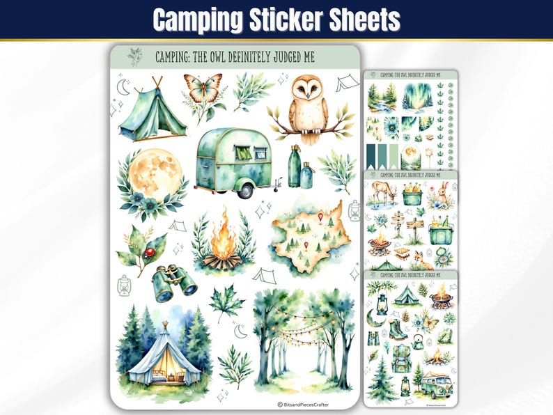 Cozy up to the wild with these whimsical sticker sheets in calming greens and blues. Featuring tents, forest animals, campfires, lanterns, backpacks, and more, these charming stickers bring all the magic of the outdoors to your planner or journal. Includes a page of printed washi-style strips for fun borders and accents—perfect for Hobonichi, Happy Planner & more.